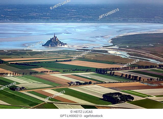 AERIAL VIEW OF THE BAY OF MONT SAINT MICHEL AND THE MANY COLORFUL FIELDS SURROUNDING IT, AVRANCHES, (50) MANCHE, NORMANDY, FRANCE