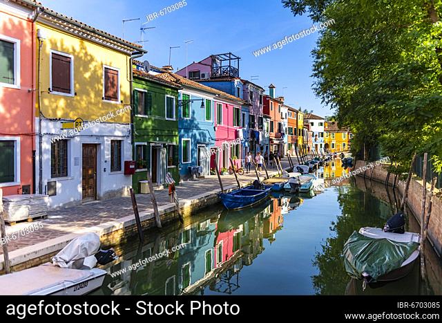 Canal with boats, Colorful houses, Colorful facades, Burano Island, Venice, Veneto, Italy, Europe