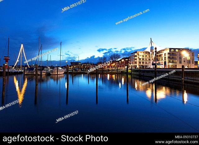 Stadthafen, blue hour, bay, old town, Eckernförde, Baltic Sea, Schleswig-Holstein, Germany, Europe