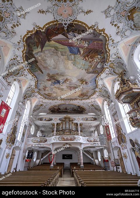 Rococo church of St. Ulrich, interior with ceiling fresco by Johann Baptist Enderle depicting the Trinity of God over the naval battle of Lepanto on 7 October...