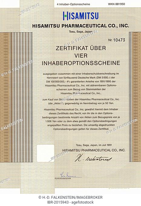 Securities certificate, bearer warrant, Japanese yen, German mark, pharmaceutical company, Hisamitsu Pharmaceutical Co. Inc
