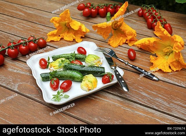 Southern German cuisine, stuffed courgette flowers sautéed on plate, cream cheese, cocktail tomatoes, cherry tomatoes, vegetarian, healthy cuisine, vegetables
