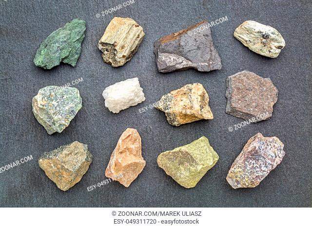 metamorphic rock geology collection, from top left: chlorite schist, garnet schist, graphite schist, mica schist, serpentinite, marble, gneiss, slate