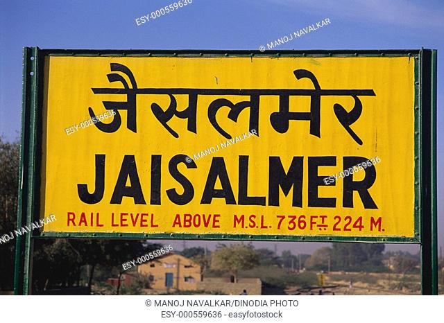 Board Of Jaisalmer railway station in Hindi and English language , Rajasthan , India