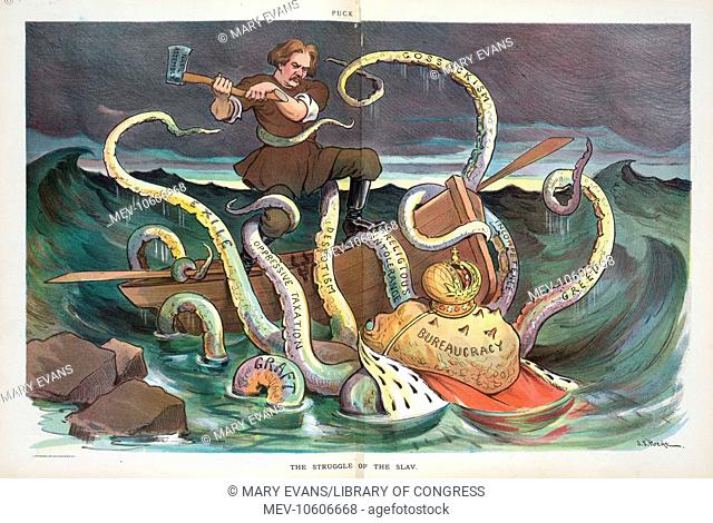 The struggle of the Slav. Illustration shows a Russian man standing on a rowboat, using an axe labeled Nat'l Assembly to battle an octopus labeled Bureaucracy