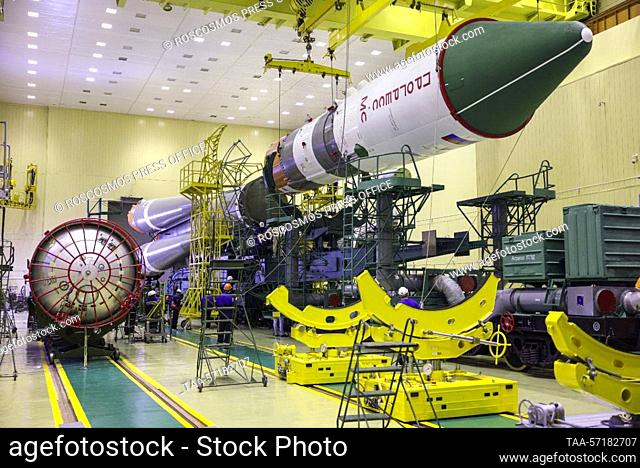 KAZAKHSTAN - FEBRUARY 4, 2023: Assembling a Soyuz-2.1a rocket booster carrying the Progress MS-22 cargo spacecraft at the Baikonur Cosmodrome