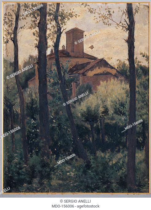 Landscape - St Sebastian Po (River), by Cosola Demetrio, 1885 - 1895, 19th Century, oil on card. Private collection. All landscape - St Sebastian Po river trees...