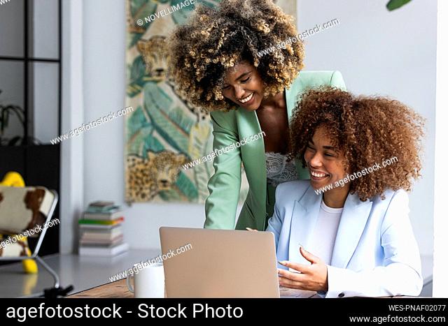 Smiling businesswoman with female colleague working on laptop at home