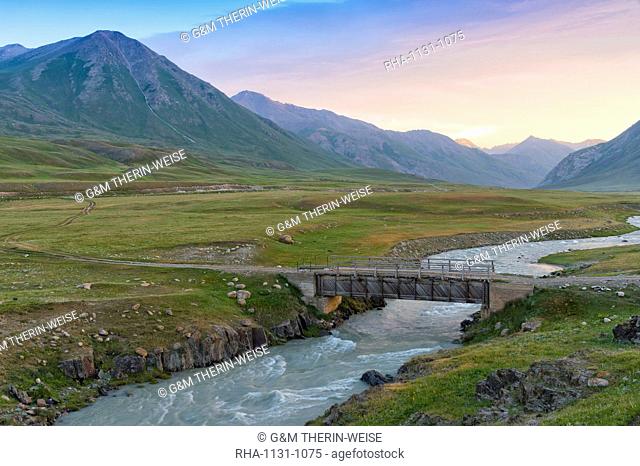 Wooden bridge over a mountain river, Naryn Gorge, Naryn Region, Kyrgyzstan, Central Asia, Asia