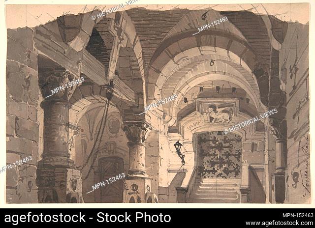Design for a Stage Set of a Crypt (for the Opera 'La Morosina' ?). Artist: Carlo Ferrario (Italian, Milan, 1833-1907); Date: 1833-1907; Medium: Brush and black...