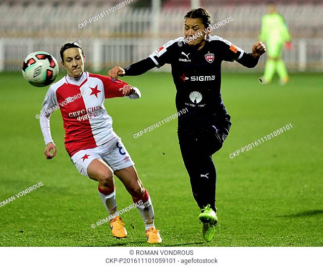 Slavia Praha soccer player Jana Tomaskova (left) and Amanda Ilestedt (right) of Rosengard in action during the Women's football Champions' League opening...