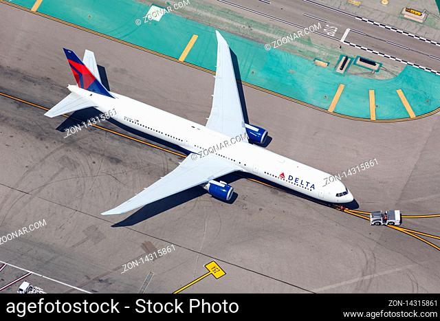 Los Angeles, California ? April 14, 2019: Aerial view of Delta Air Lines Boeing 767-400ER airplane at Los Angeles airport (LAX) in the United States