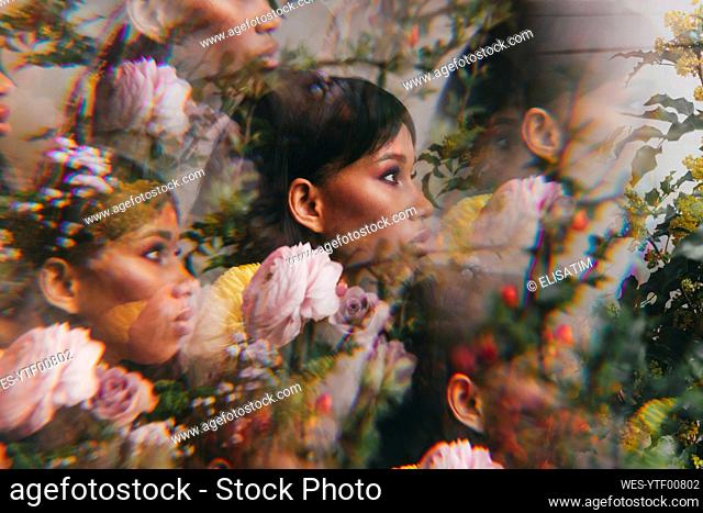 Multiple image of young woman with flowers