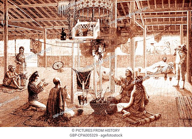 Burma/ Myanmar: The interior of a Buddhist pagoda in Paleo, Shan State, redrawn from an original sketch by French expeditioner Louis Delaporte in 1867