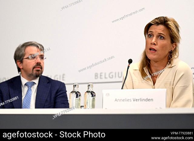 Federal Prosecutor Frederic Van Leeuw and Interior Minister Annelies Verlinden pictured during a pres conference after a meeting of the national security...