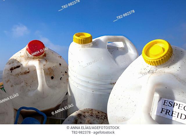 oil bottles for recycling into a container of blue sky in recycling plant, botellas de aceite para reciclar dentro de un contenedor sobre cielo azul en planta...