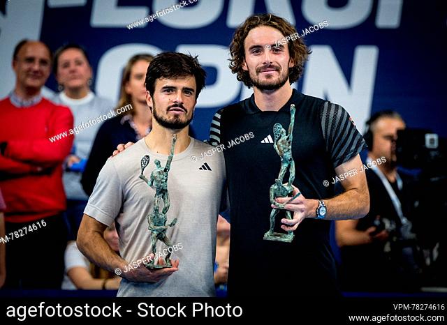 Greek Petros Tsitsipas and Greek Stefanos Tsitsipas poses for the photographer with trophee after the doubles final match between the brothers Tsitsipas and...