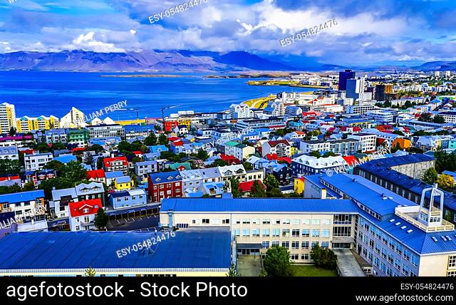Harbor Colorful Red Green Blue Houses Houses Apartment Buildings Cars Streets Ocean Reykjavik Iceland