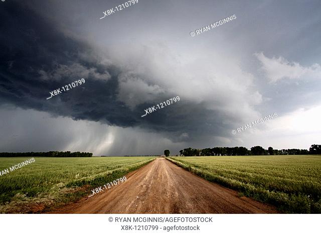 A dirt road leads into the arcus cloud of a severe thunderstorm in northern Oklahoma, May 12, 2010