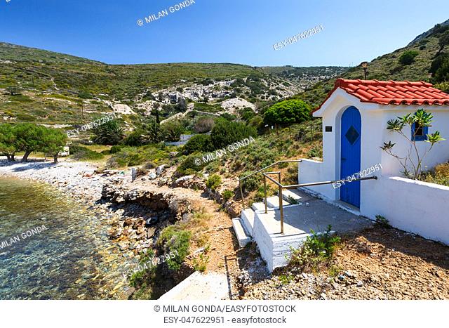 Small rural chapel at Petrokopi beach on Fourni island, Greece.