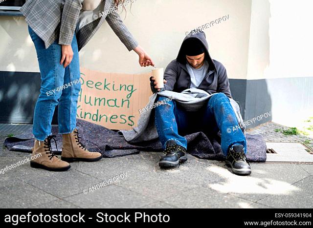 Coin Money Help For Beggar Person On Street