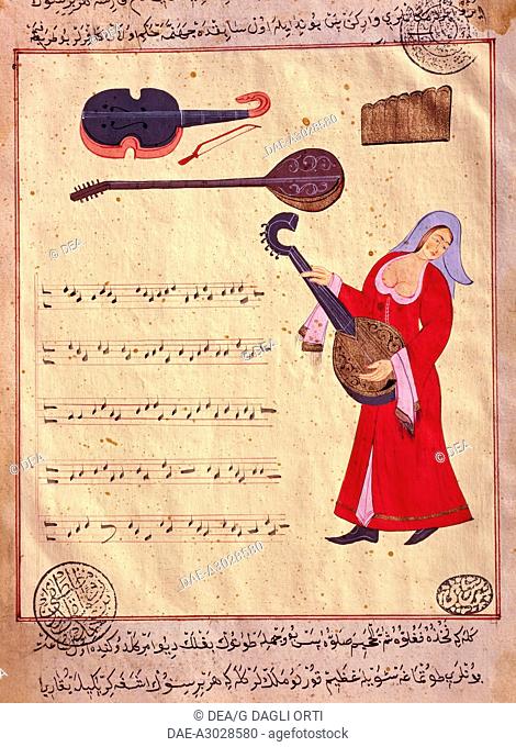 Long-handled lute or Saracen guitar player, Ottoman miniature. Turkey, 16th century.  Istanbul, Istanbul Universitesi Kutuphanesi (University Library)