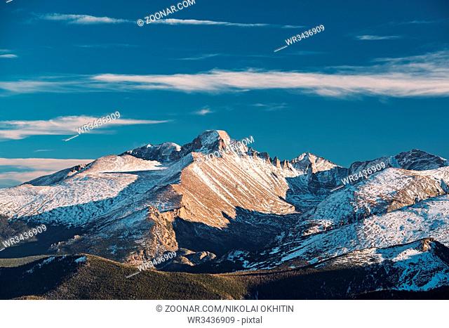 High alpine tundra landscape with rocks and mountains at autumn. Rocky Mountain National Park in Colorado, USA