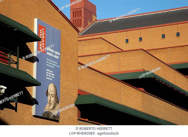 England, London, Euston Road, Exterior view of the new British Library showing a William Shakespeare poster