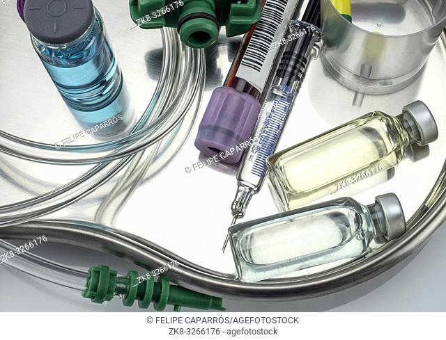 Several vials with different medication in hospital, conceptual image