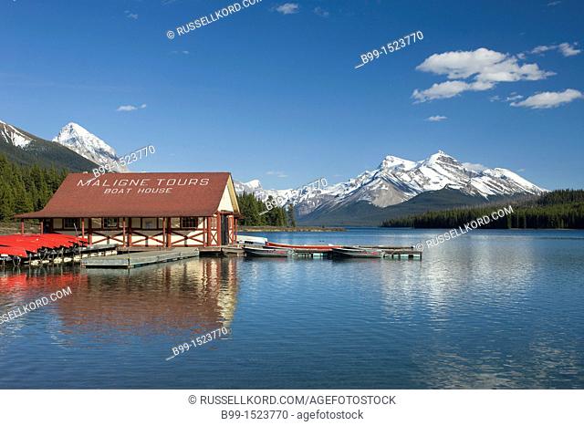 Red Canoes Boathouse Lake Maligne Jasper National Park Alberta Canada