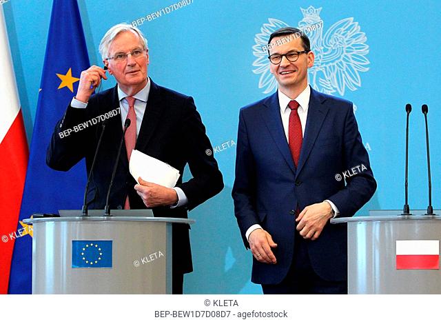 Warsaw, Poland 29.03.2019 Michel Barnier visiting Poland. Pictured: Prime Minister Mateusz Morawiecki and Michel Barnier - European Chief Negotiator for the...