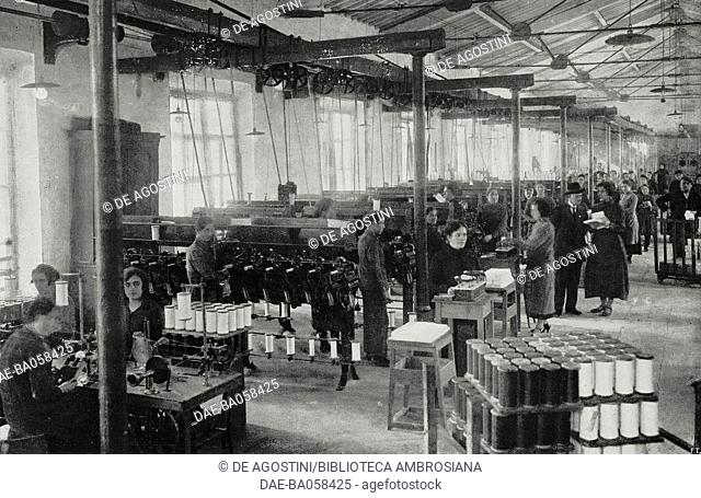 Spinning area in the Riunite Tuscan Manufacturing plant, Pontedera, Tuscany, Italy, from L'Illustrazione Italiana, Year LI, No 48, November 30, 1924