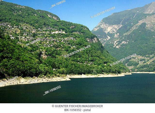 View of the Ticino village Mergoscia over Lago di Vogorno, Verzasca valley, Canton Ticino, Switzerland, Europe