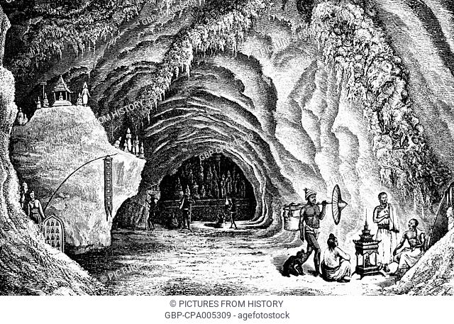 Laos: The famous Pak Ou Cave, 25km northwest of Luang Prabang on the Mekong River, illustrated by French expeditioner Louis Delaporte in May 1867