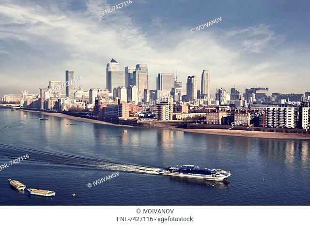 Canary Wharf and river Thames, London, UK