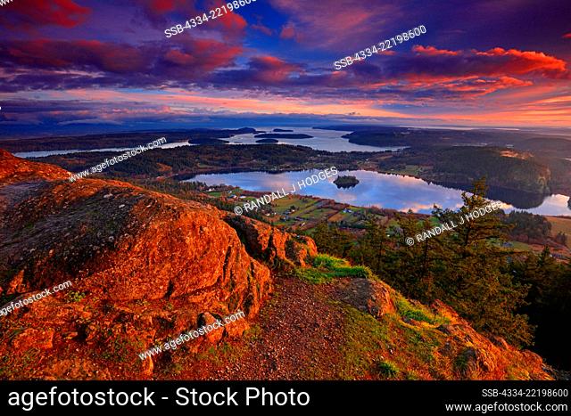 Sunset Over the San Juan Islands and Lake Cambell from Mt Erie Summit on Fidalgo Island in Anacortes Washington