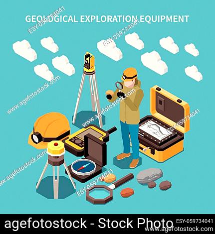 Geology earth exploration isometric concept with geological exploration equipment description and different tools and elements for work vector illustration