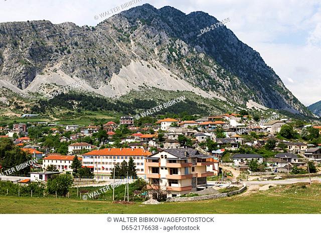 Albania, Leskovik, mountain town view