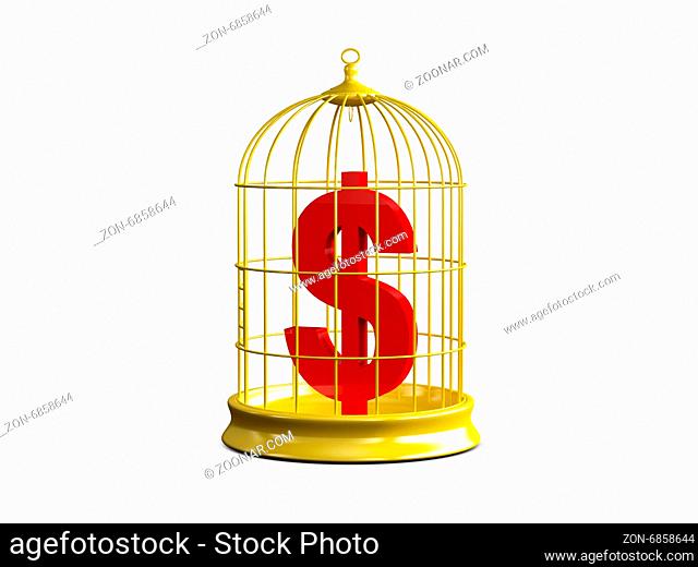 Red dollar sign in golden bird cage with closed door, isolated on white background