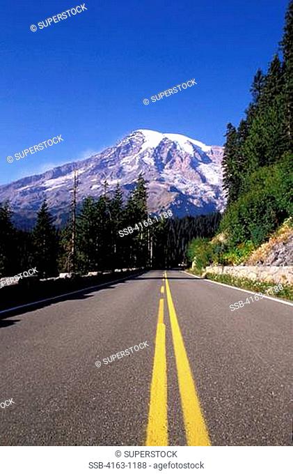 USA, WASHINGTON, MT.RAINIER NATIONAL. PARK, SCENIC VIEW FROM ROAD WITH MT. RAINIER IN BACKGROUND