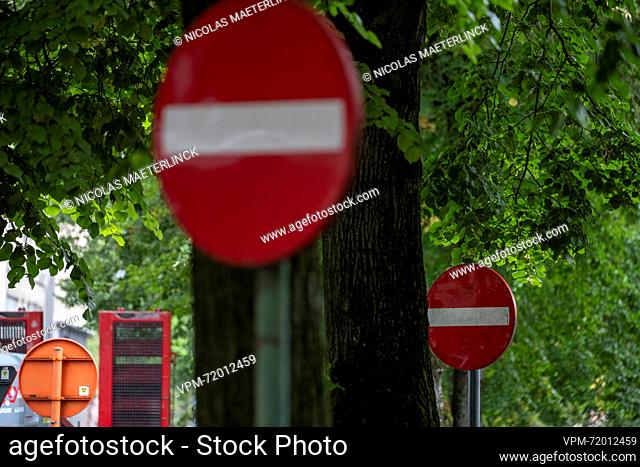 A traffic sign indicating a forbidden entry pictured in Gent on Sunday 13 August 2023...BELGA PHOTO NICOLAS MAETERLINCK