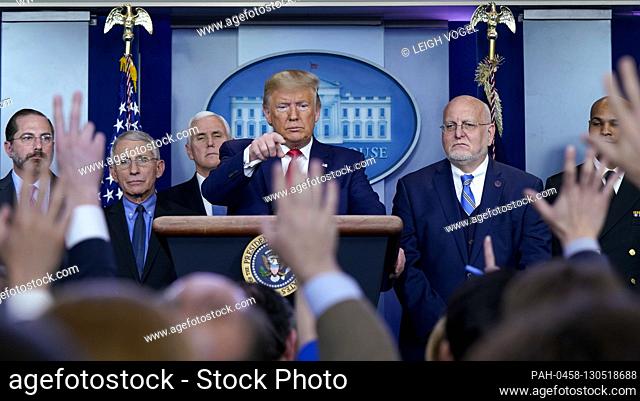 United States President Donald J. Trump holds a press conference to discuss the latest updates about the coronavirus in the Brady Briefing Room at the White...