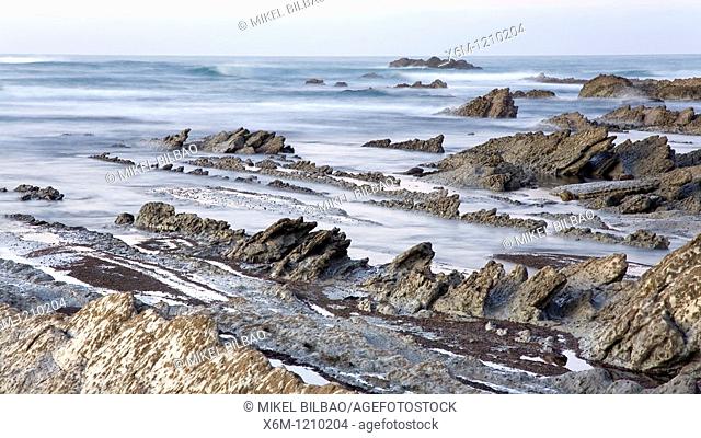 Coast rocks ans stratum  Atxabiribil beach  Sopelana, Biscay, Basque Country, Spain, Europe