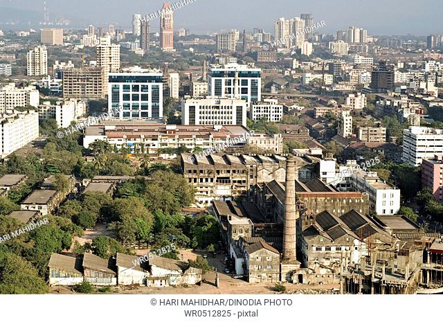 Aerial view of old mills in , Parel , Bombay , Mumbai , Maharashtra , India