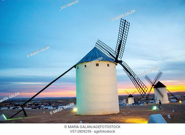 Windmills at sunset. Campo de Criptana, Ciudad Real province, Castilla La Mancha, Spain