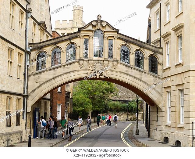 Hertford Bridge, popularly known as the Bridge of Sighs, over New College Lane in Oxford, England  The bridge was designed by Sir Thomas Jackson and completed...