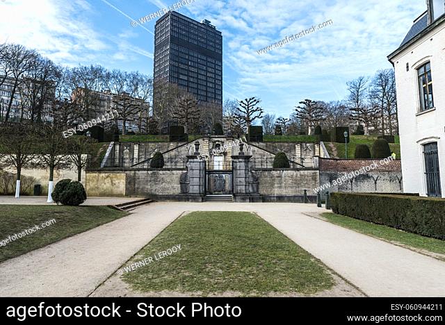 Ixelles, Brussels / Belgium: Landscape view over the park and site of the La Cambre Abbey with a pedestrian walking path