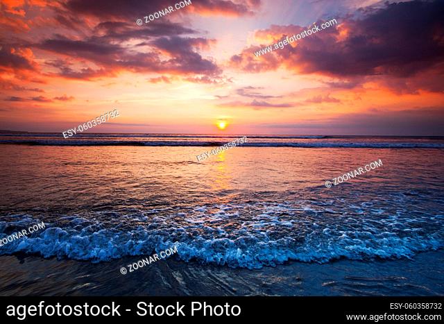 Amazing sunset from Bali Double Six beach surf waves and colorful clouds