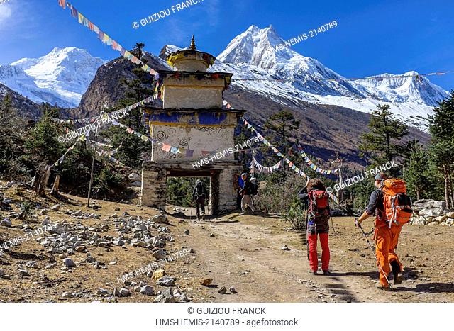 Nepal, Gandaki zone, Manaslu Circuit, between Lho and Samagaon, kani close to Shyala village and the Mount Manaslu (alt.8156m)
