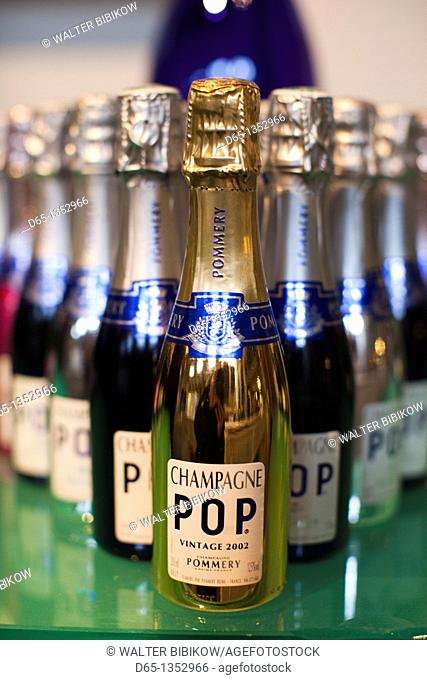 France, Marne, Champagne Ardenne, Reims, Pommery champagne winery, detail of champagne bottle